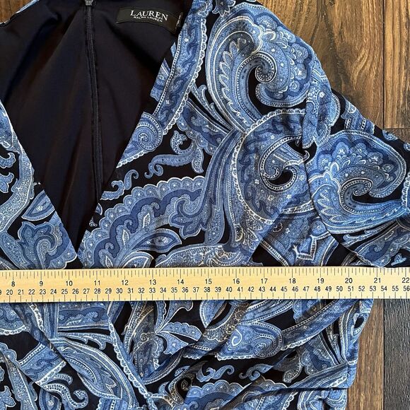 Ralph Lauren Dress Womens 16 Paisley Georgette Tiered Tie Front Blue Zip Back - Picture 10 of 11